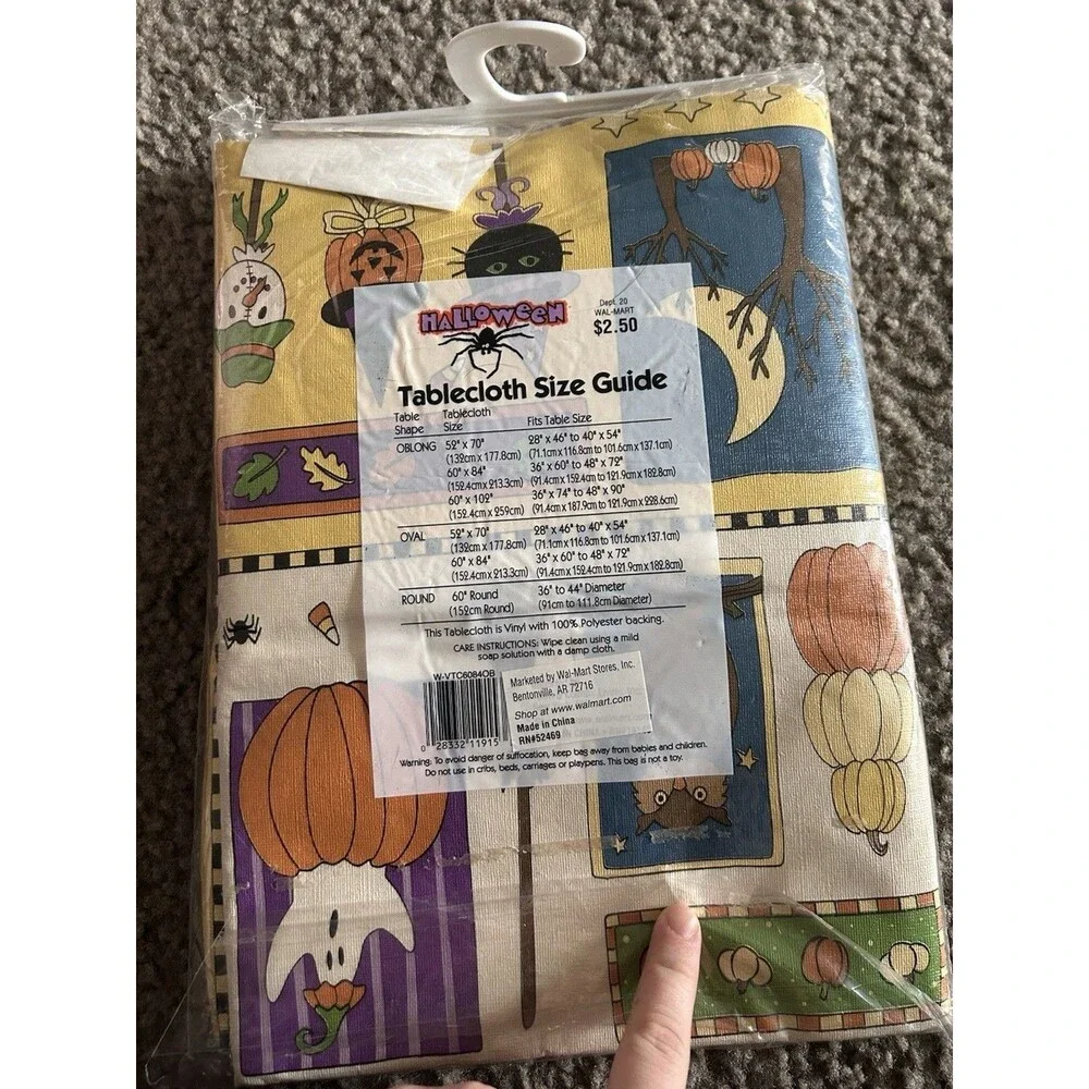 VTG NOS Halloween Vinyl Tablecloth Haunted Mansion Crow Skeleton 60” Oblong